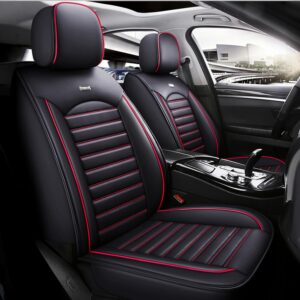 Car Seat Cover Protector | Nappa Leather | Universal Fit Seat Cover for Car, Sedans & SUVs | 3 Rear & 2 Front Seat Covers with Head Covers | Car Accessories | Set of 5 (Black+Red)